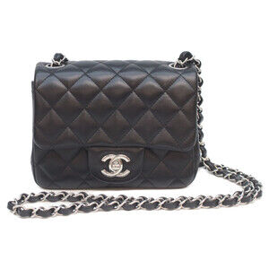 CHANEL A35200 Black Lambskin Mini Matelassé 17 Shoulder Bag with Silver Hardw...